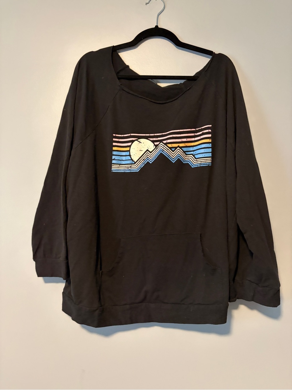 Papermoon Black Crewneck Pullover with Sunset Stripe Mountain Graphic